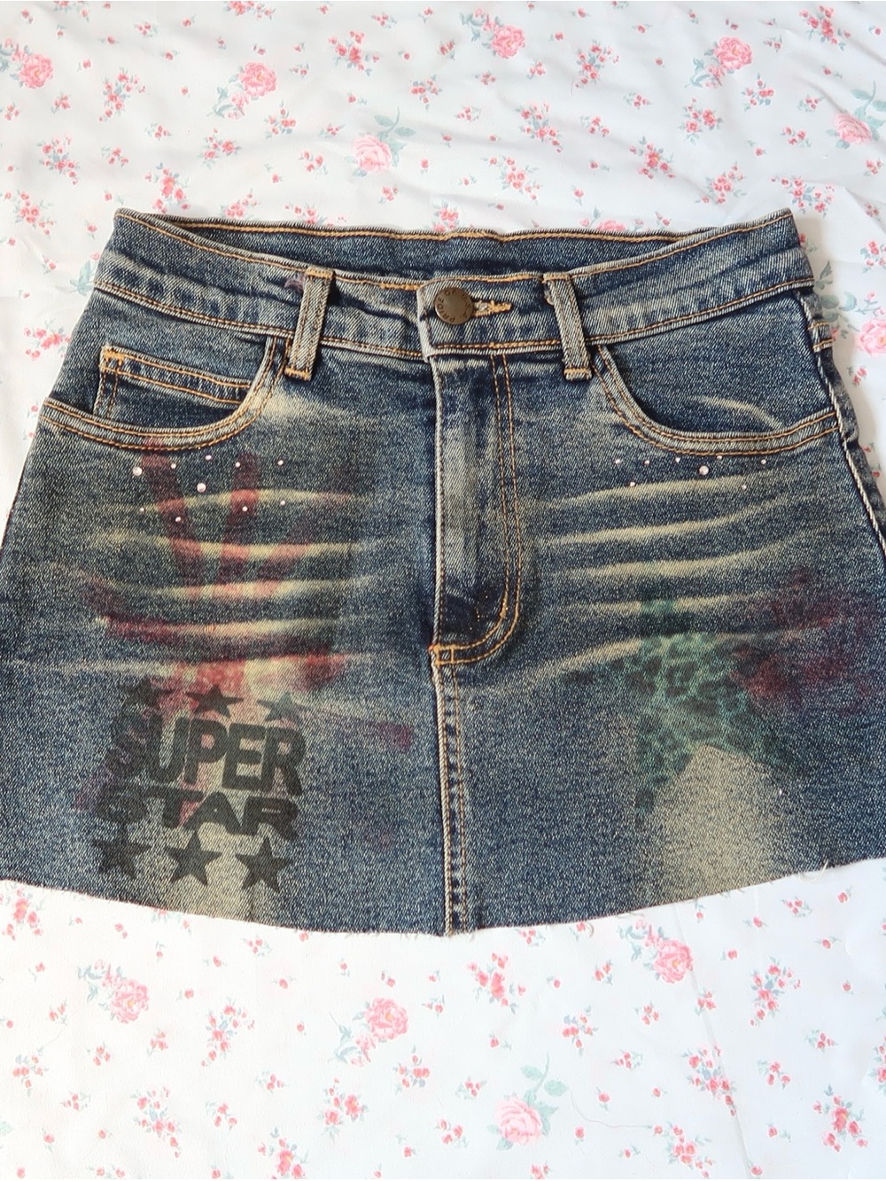 Forever 21 Distressed Blue Denim Mini Skirt with Graphic Stars